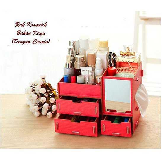 Rak Kosmetik Kayu Mini + Cermin 3 Susun 3 Tingkat Laci Tempat Wadah Se
