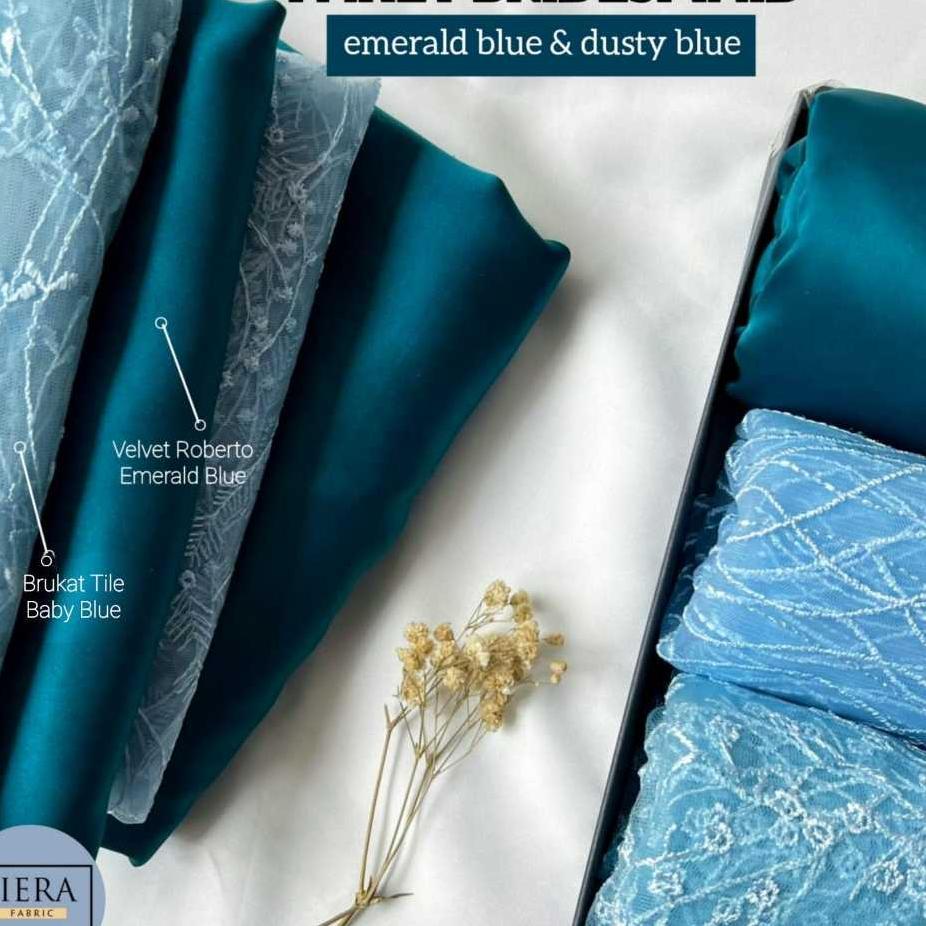 Paket Lengkap Kain Bridesmaid Premium / Satin Velvet Roberto Emerald Blue + Brukat Tile Baby Blue