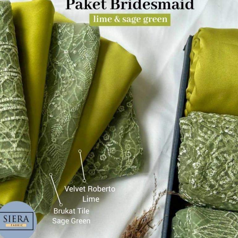 Paket Lengkap Kain Bridesmaid Premium / Satin Velvet Premium Lime + Brukat Tile Sage Green