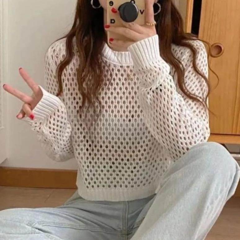 Berkualitas Sweater Fuji Basic Crop Top Rajut Jaring Ootd / Sweater Crop Top Rajut Jaring Fuji