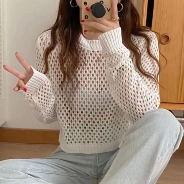 Sale Sweater Fuji Basic Crop Top Rajut Jaring Ootd / Sweater Crop Top Rajut Jaring Fuji