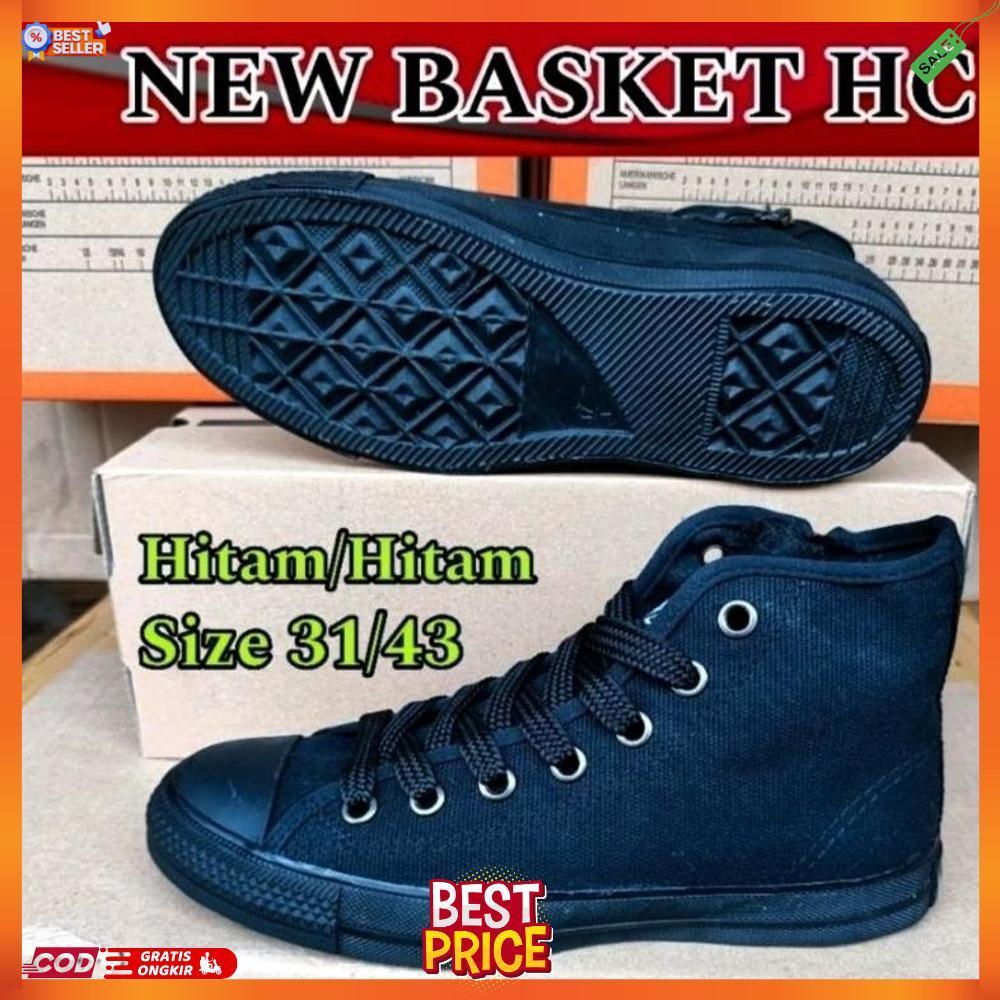 SEPATU SEKOLAH KERJA KULIAH PRIA WANITA HITAM POLOS NEW BASKET HC TINGGI TALI SIZE 31 SD 42 ORIGINAL