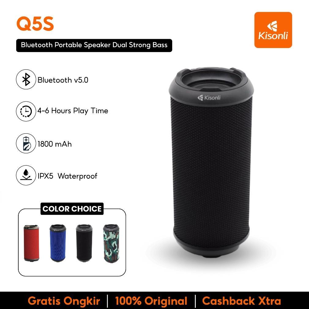 terbaru kisonli speaker bluetooth portable q5s dual bass support fm radio, tf, aux
