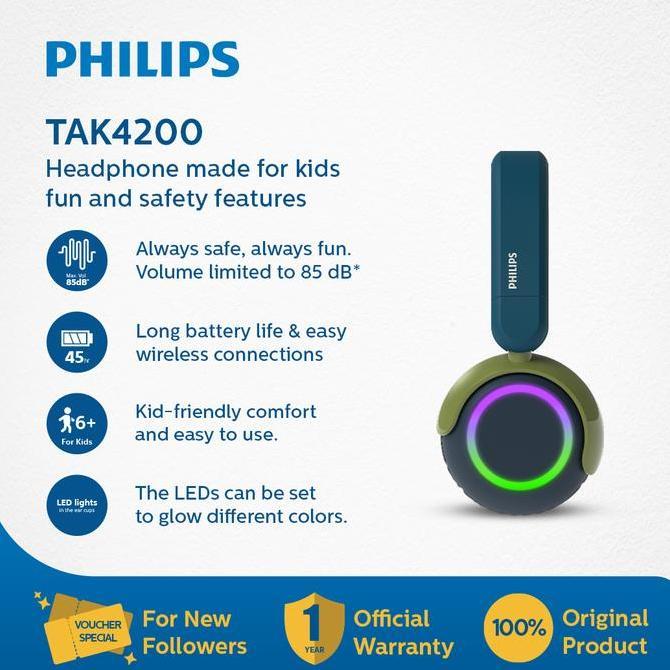 Murah Philips Tak4200 On-Ear Wireless Headphone For Kids