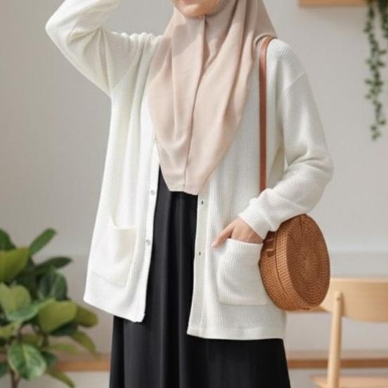 Grade Ori Elmina Raina Cardigan Outer Rajut Long Terbaru 2026 Simple Minimalis Putih Broken White Bl