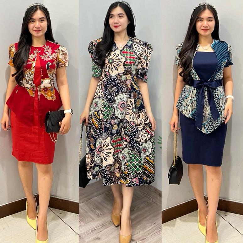 Diskont Dress Batik Fashion Wanita Motif Kombinasi  || Dress Wanita Fashion / Batik Kerja / Dress Ba