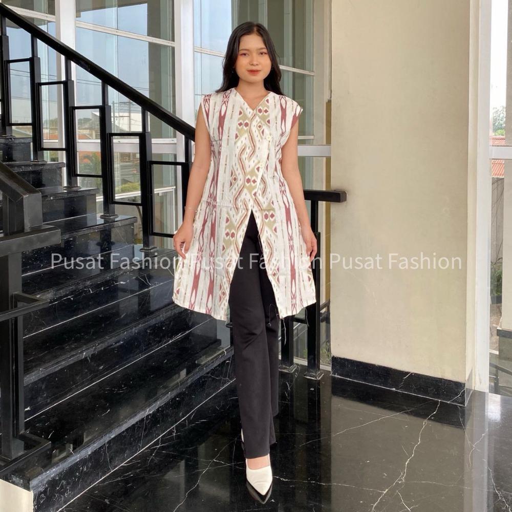 Gratong Blazer Batik Wanita Modern Atasan Outer Batik Long Cardi Tanpa Lengan Terbaru  | Cardi Long 