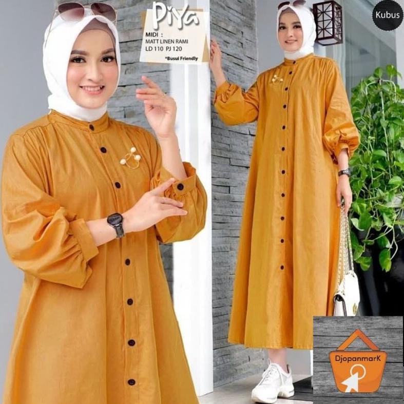 Premium Piya Midi Dress Bahan Linen Rami Long Tunik Kancing Aktif Dres Wanita Muslim Simple Casual T