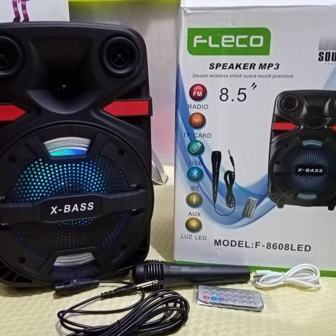 Speaker Bluetooth Fleco F-8607 LED 8.5" Speaker Karaoke Free Mic