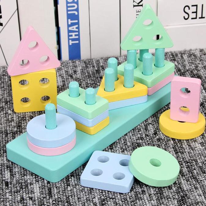 ESTENIK` (COD) Mainan Puzzle Edukasi Anak Mainan Edukatif Blok Puzzle Kayu Geometri Wooden