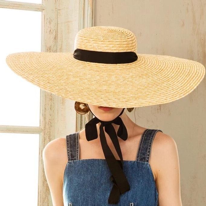 Topi Pantai Import Lebar Premium Pita Leher Anyaman Jerami Murni