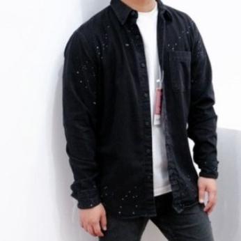 Free Ongkir Fsbn Black Paint Denim Shirts Original - Kemeja Jeans Pria Branded