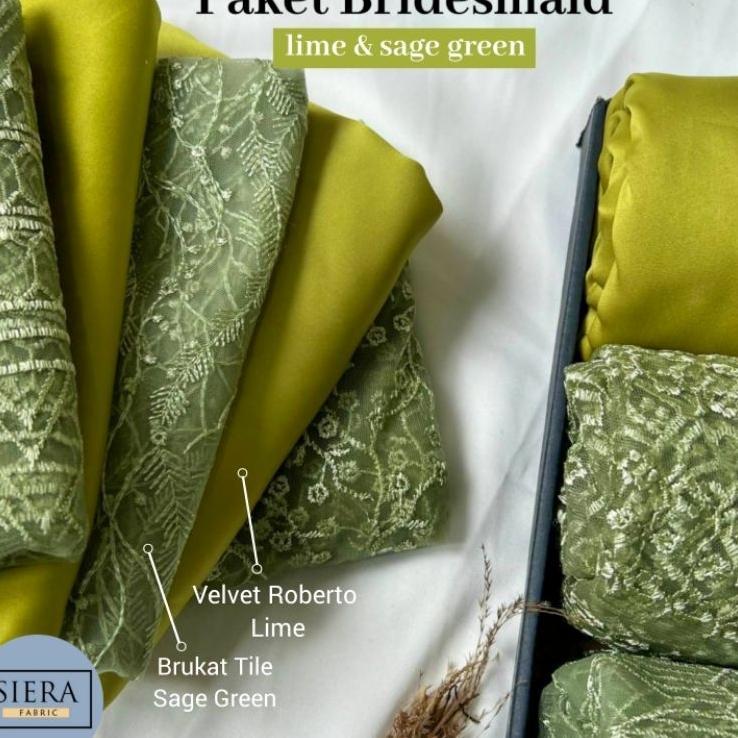 Paket Lengkap Kain Bridesmaid Premium / Satin Velvet Premium Lime + Brukat Tile Sage Green