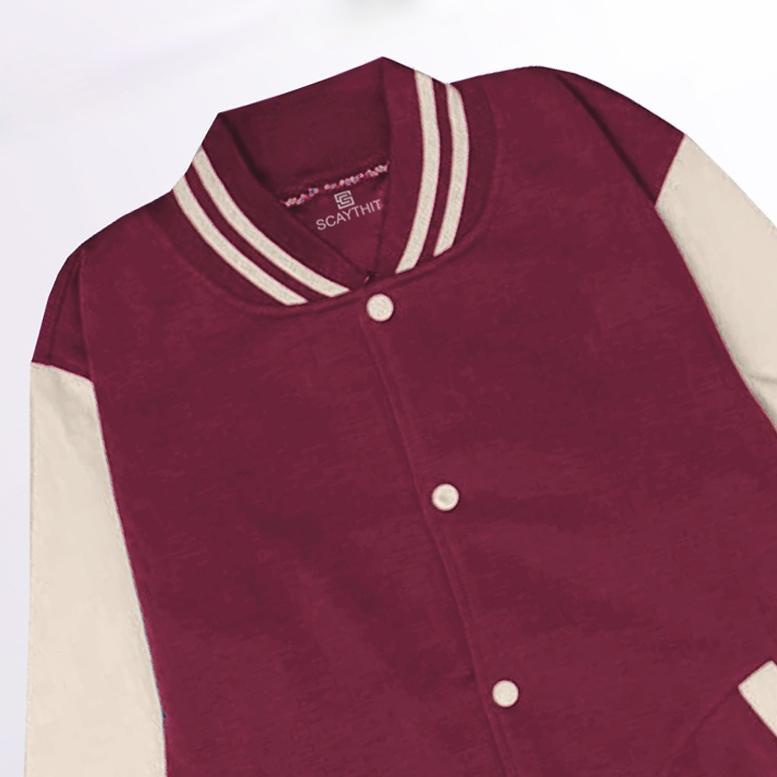 Diskon Scaythit - Jaket Varsity Polos Marun Cream Unisex ( Pria - Wanita ) Jaket Varsity Kancing