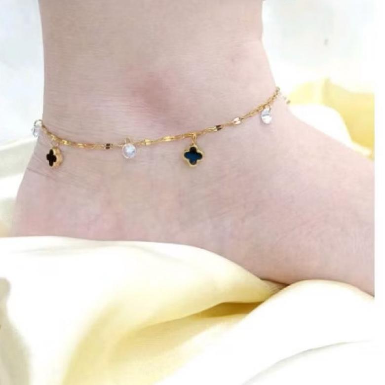 PREMIUM gelang kaki titanium clover kecil mata putih