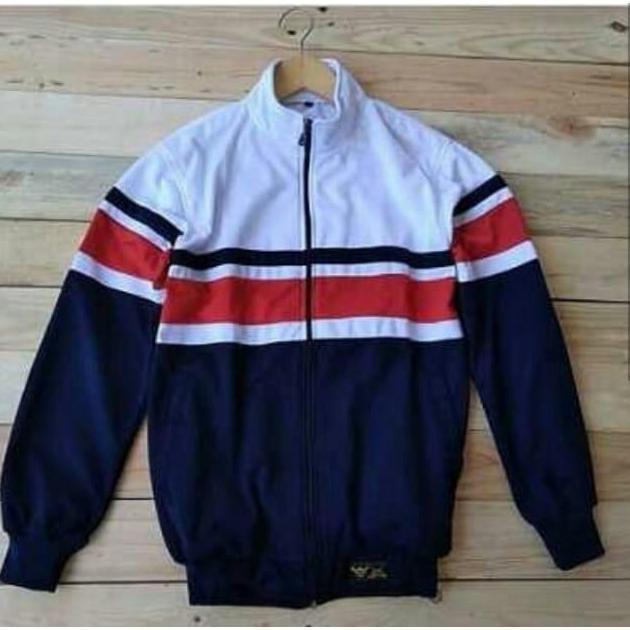Diskon Jaket Tracktop Casuall Putih Navy List Merah Rojali Stm