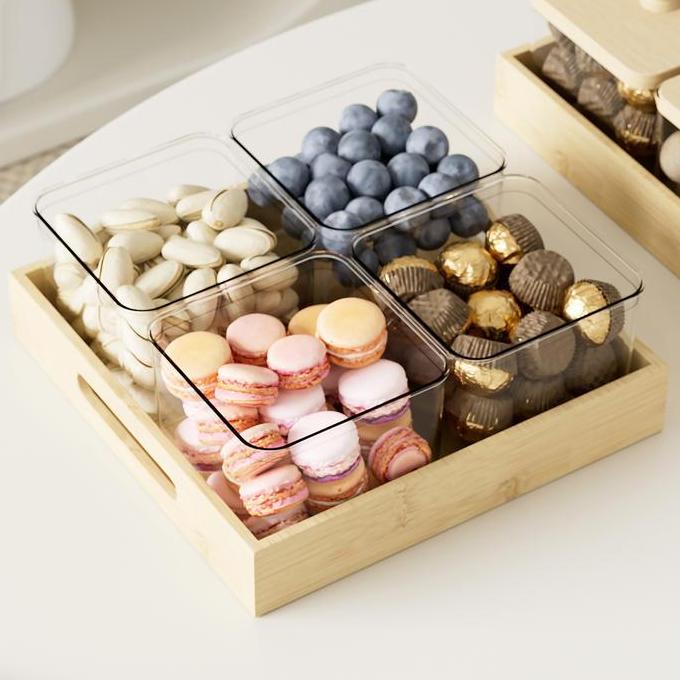 Grosir Dejavu Set Toples Snack 4 Sekat + Tray Kayu Minimalis Estetik Wadah Kue Kering Permen Kacang 