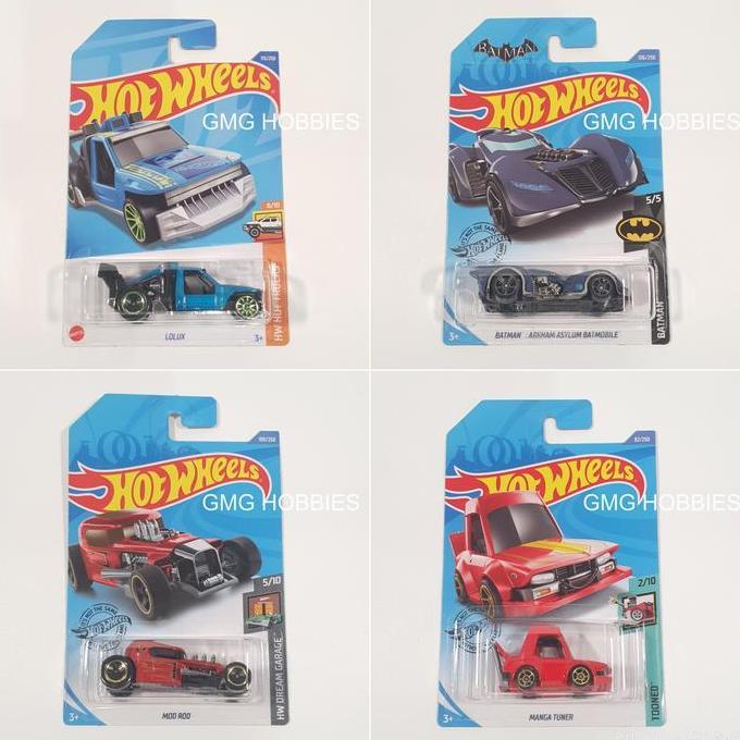 LOLUX BLUE HW HOT TRUCKS - BATMAN ARKHAM ASYLUM PURPLE BATMOBILE - MOD ROD RED HW DREAM GARAGE - MAN
