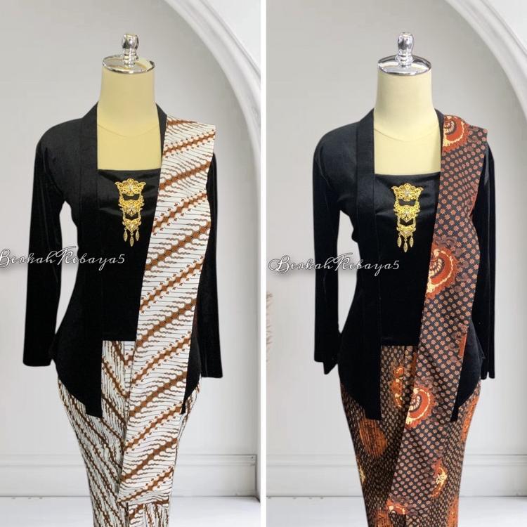 Setelan Kebaya Kutu Baru Bludru Warna Hitam / Kebaya + Selendang + Jarik Wiru Plisket