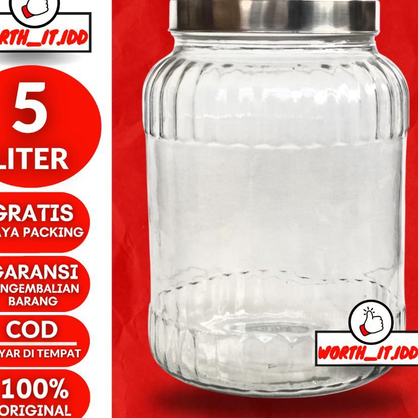 Toples Kaca Kedap Udara 5 Liter Tutup Stainless Steel Pegangan Tempat Penyimpanan Makanan Kaca 5 Lte