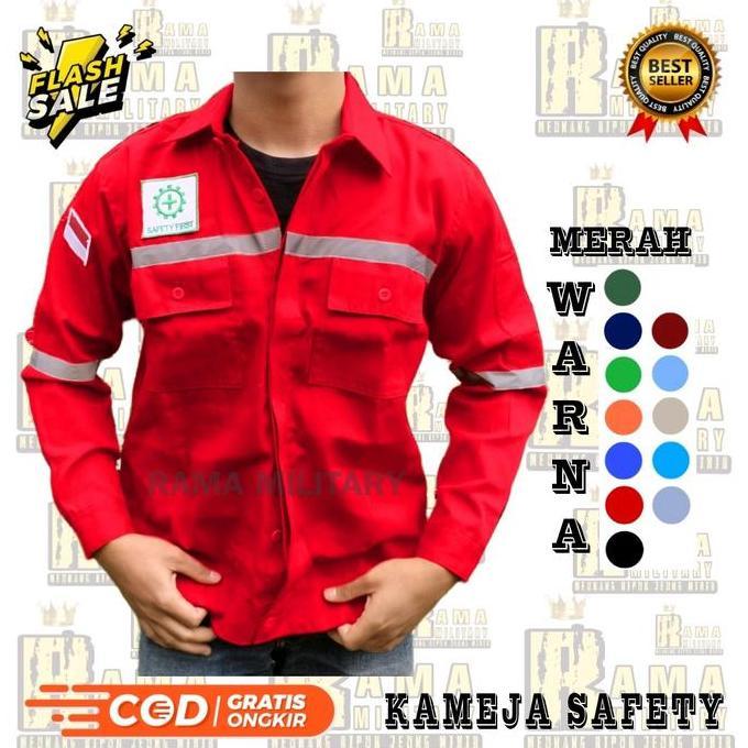 Kameja Kerja Safety K3 Katun Poliester Wearpack Pria Panjang Merah Baju Celana Baju Polos