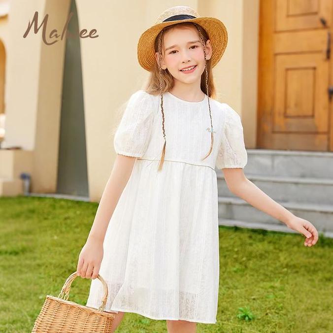 yba_san - ready stockmalwee 2-10 tahun dress anak perempuan putih brokat motif lembut model puff sle