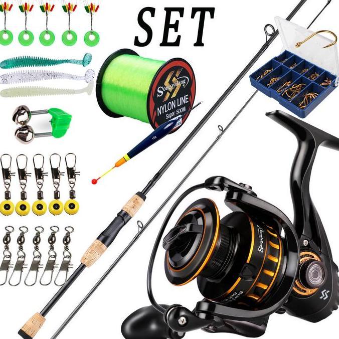 Set Joran Pancing Sougayilang 1.8m Serat Karbon dengan Gagang Kayu Gabus 12+1BB Reel Pancing Combo D
