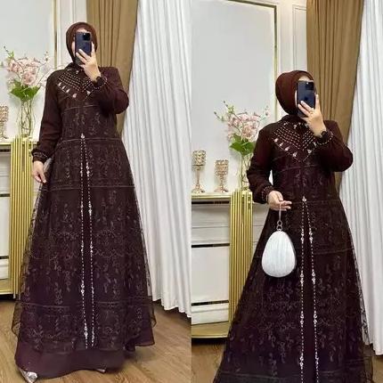 Diskon Gamis Brokat Kondangan Wanita Modern Aqila Dress Bc  Size M L Xl Xxl Xxxl Bahan Ceruty Babydo
