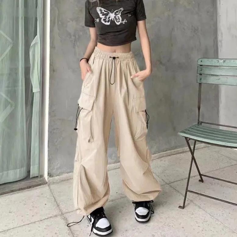 Tahan Lama  Celana Cargo Serut Wanita Highwaist Pants Korean Style Jumbo Kulot Big Size