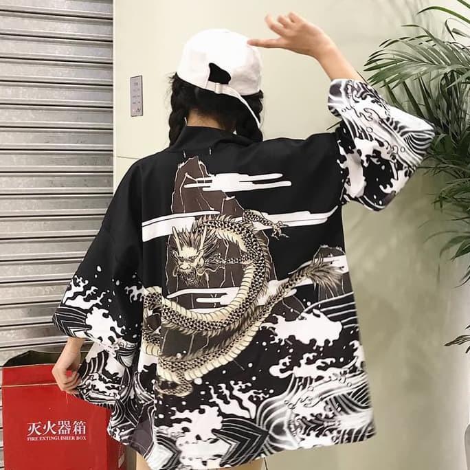 Kim-09 Loose Kimono Jepang Satin Printing Motif Naga Produk Andalan Toko