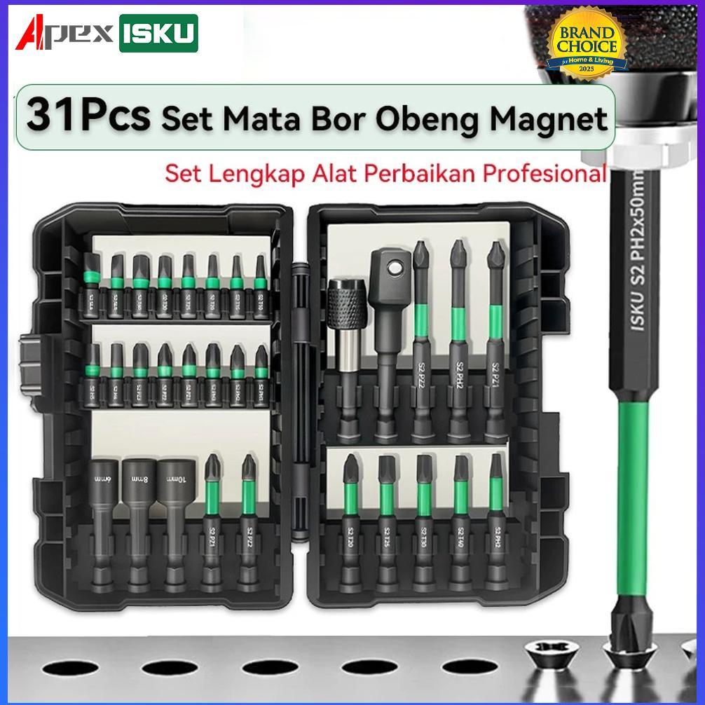 ISKU 31pcs Mata Bor Obeng Magnetic Ph2 Anti Slip Mata Obeng Hex Shank Magnetik 31in1 Set Mata Obeng 