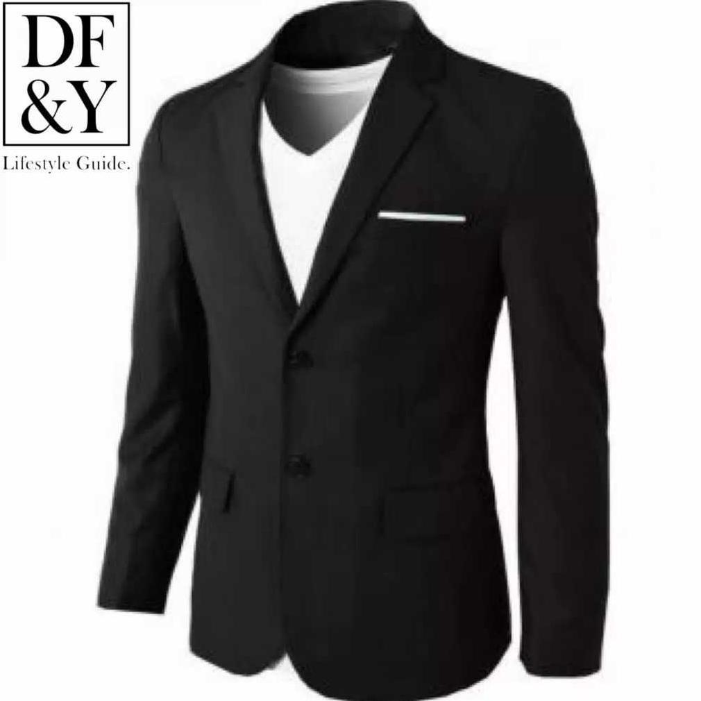 HOT DEALS PRYZA JAS BLAZER PRIA HITAM POLOS KANCING  DUA / HITAM LIST PUTIH  / JAS BLAZER KERJA KANT