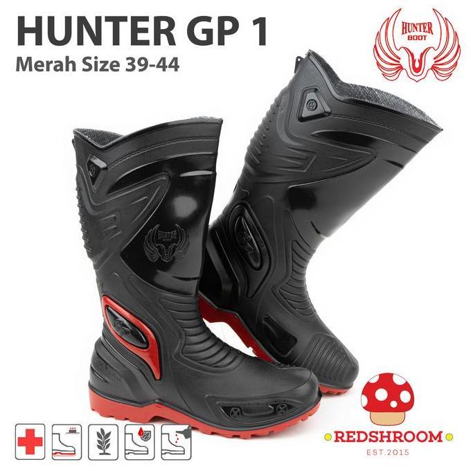 Sepatu Boots Tinggi HUNTER GP 1 BLACK/RED Shoes Karet Pria Hitam Kerja New
