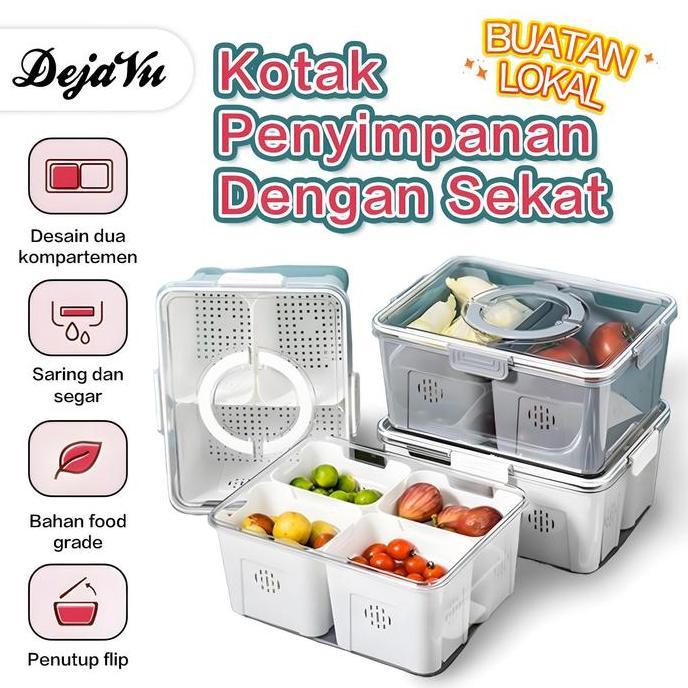 BELI LOKALDejavu Kotak Penyimpanan Kulkas dengan Rak Portabel Segel Ganda Tempat Penyimpanan Sayuran