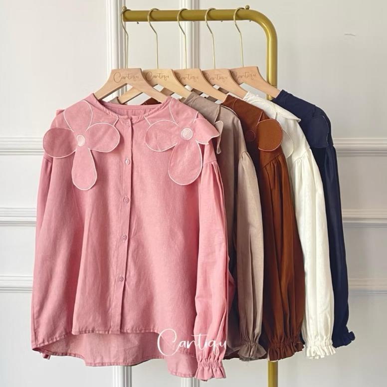 New Blouse Linen Bordir Daisy Atasan Muslim Wanita | Kemeja Casual Fashion Kekinian