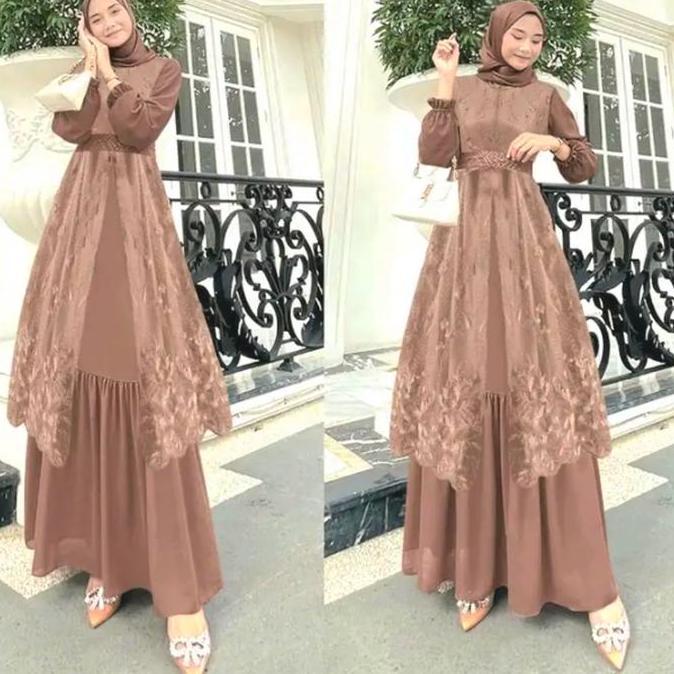 Khza- Terbaru Mona Gamis Rompi Outer Brukat Meh Maxi Set Dress Jumbo Seragam Pesta Kondangan Modern 