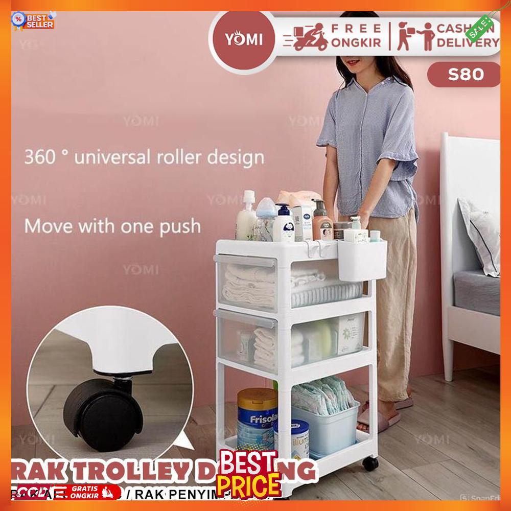 Terlaris Yomi- Rak Trolley Dorong S80/ Rak Aesthetic / Rak Penyimpanan Bayi / Laci Penyimpanan / Cab