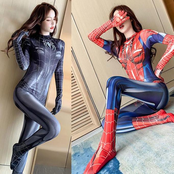 Halloween Dewasa Wanita Superhero Spiderman Kostum Set Jumpsuit Lingerie Cosplay