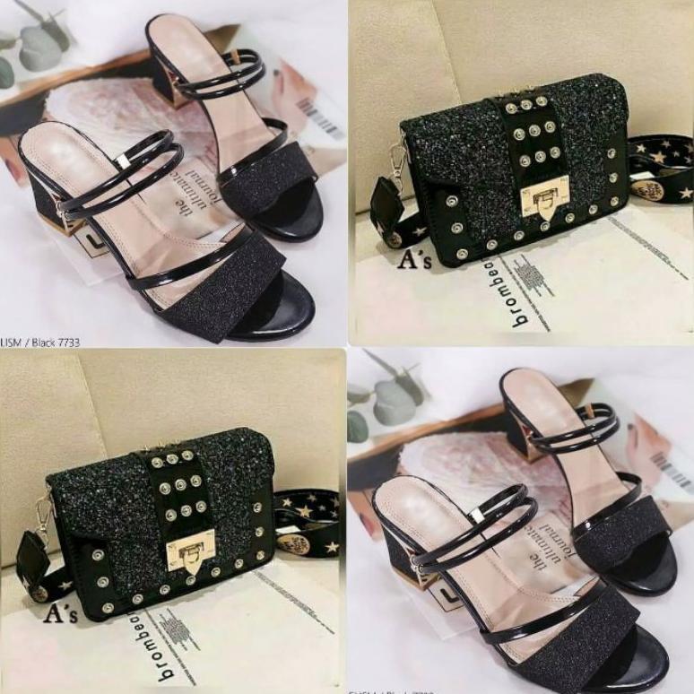 Best Seller Diata Paket Tas Dan Sandal Hak Tahu 2In1 Wanita Gliter Berkilau Sandal Heels Kekinian Ko