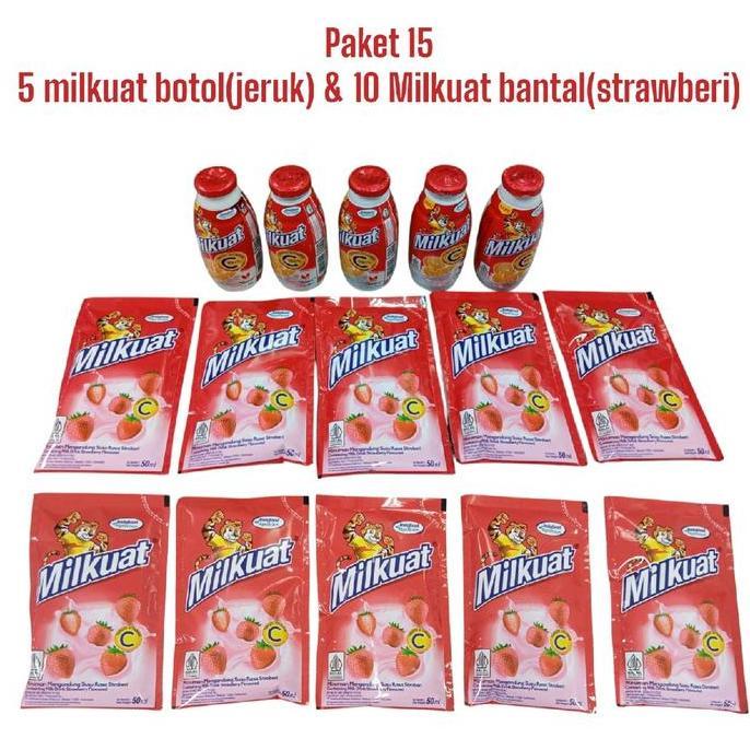 Milk- Paket 15 Milkuat(5 Botol Susu Milkuat Jeruk/Stroberi  65Ml + 10 Pcs Susu Milkuat Bantal Cokela