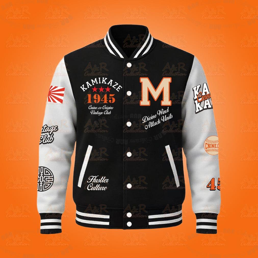 FAVORIT Jaket Baseball KAMIKAZE Varsity Kancing Motif Printing Pria Bahan Fleece Terlaris Termurah |