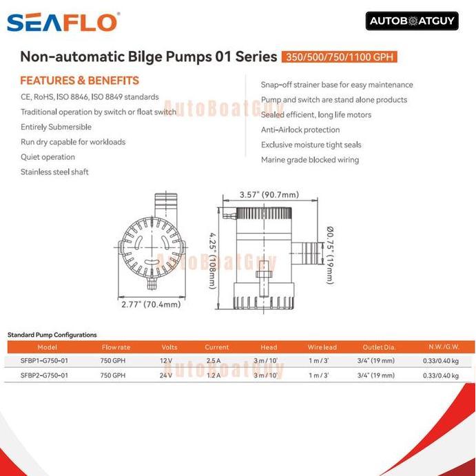 Bilge Pump Manual SEAFLO 750 GPH 12V (Pompa Celup Kapal 750 GPH) SFBP1-G750-01
