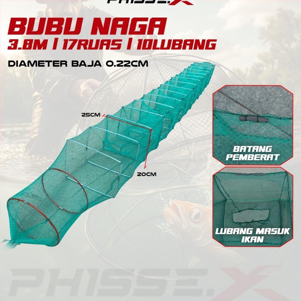 Phisse.X Jaring Bubu Naga 3.8 Meter 17 Ruas 10 Lubang Perangkap Ikan Besar Berbahan Jaring Kuat/ Jar