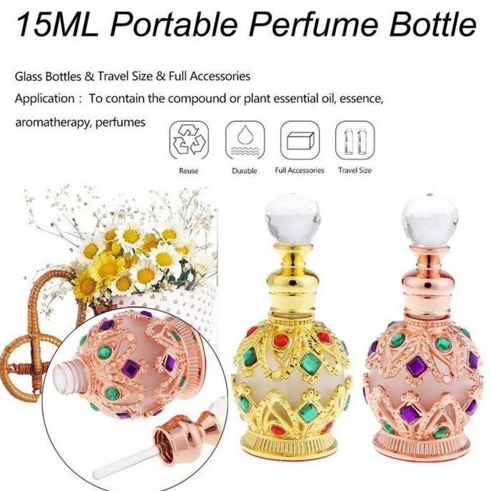 RGPOTZ Botol Kosong Parfum Arab 15ml Refillable Botol Kecil Kaca Hiasan Dekorasi Mewah Elegan