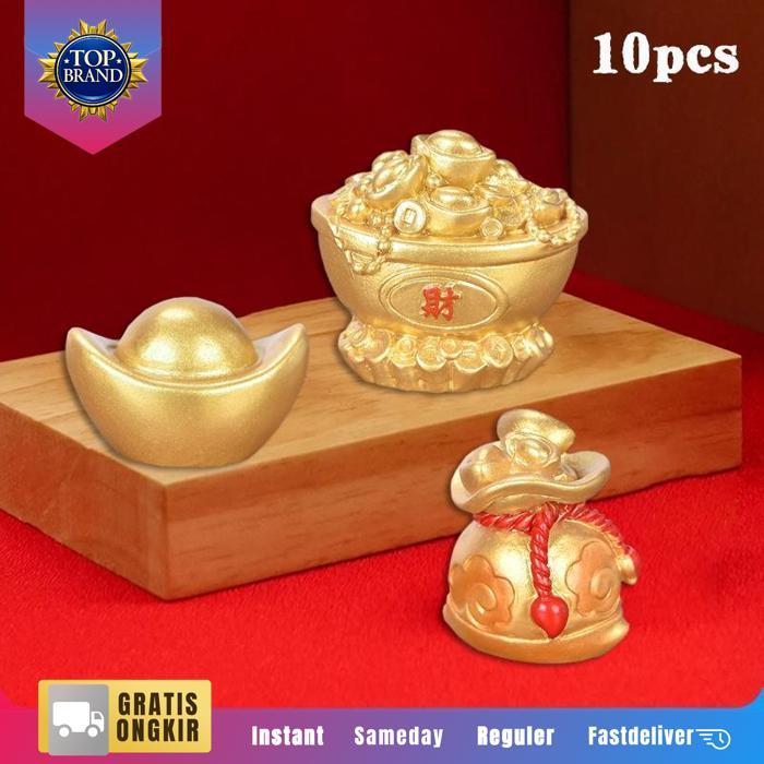 Isi 10Pcs Hiasan Imlek Yuan Bao Emas Imlek Gold Yen Pao Topper Money Bag Pajangan Uang Yen Pao