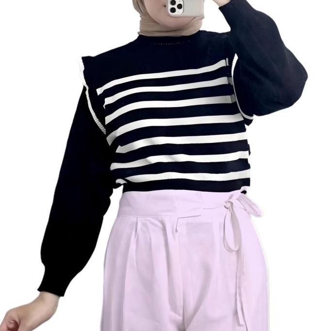 ATASAN RAJUT WANITA LENGAN BALON KNIT TOPS Baju Knitwear Garis Motif Hitam Putih