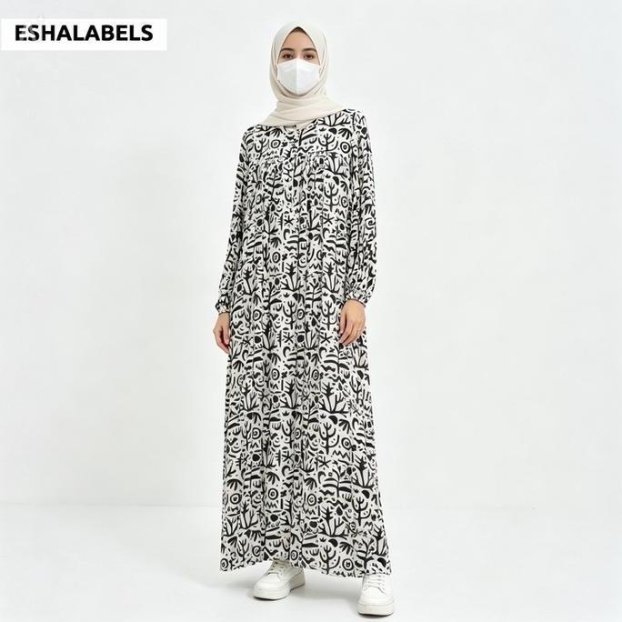 Tania Dress Gamis Rayon Viscose Busui Friendly Tanpa Hijab Manset Karet Tangan Semi Balon