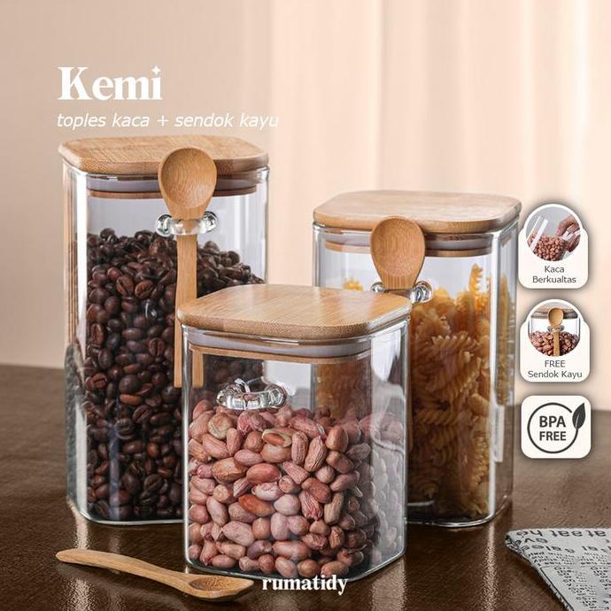 (SATUAN) KEMI Toples Kaca FREE Sendok Kayu dengan Tutup Kayu