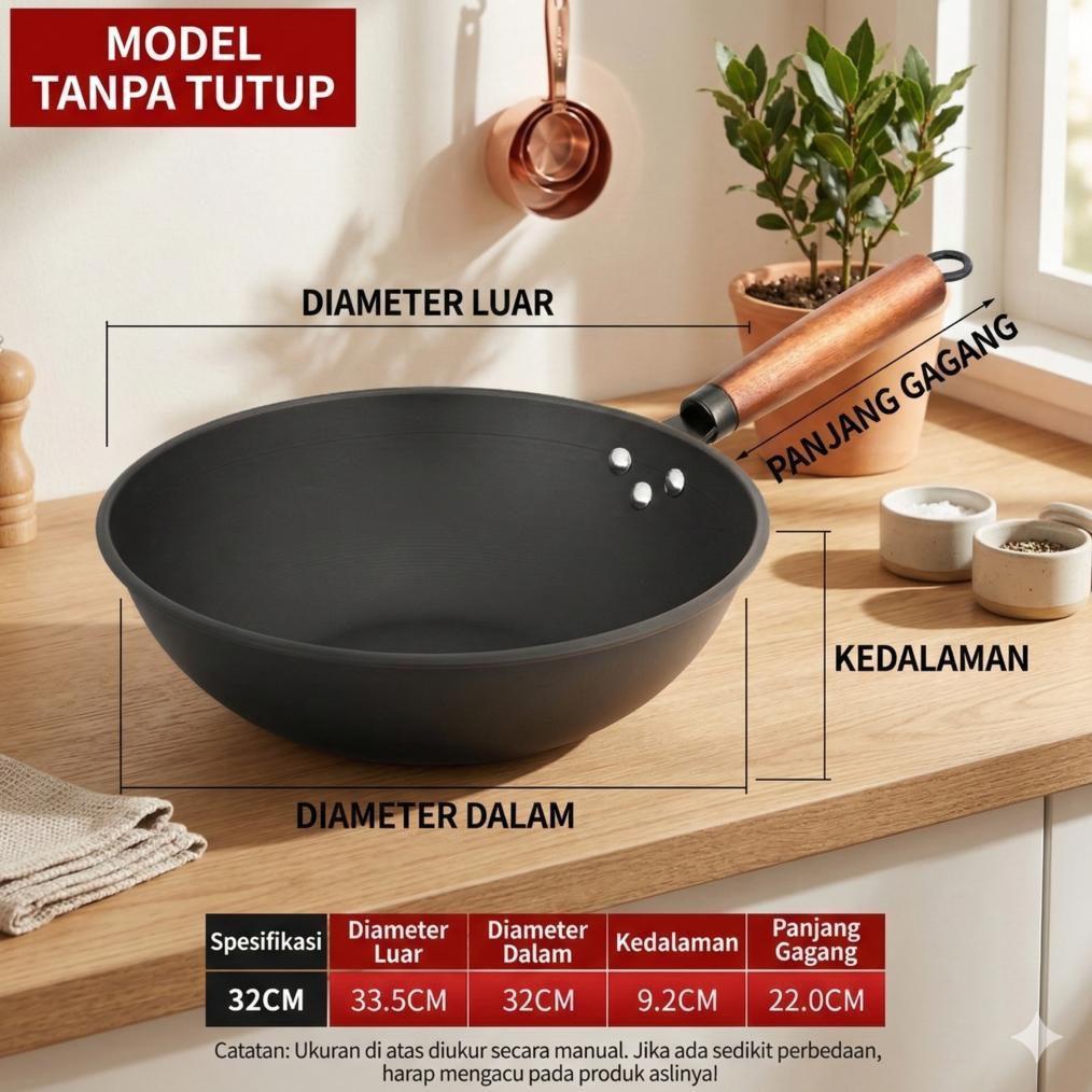 Original Ceo Wajan Gagang Kayu Kuali Penggorengan Baja Stainless 32 Cm Coated Hitam Alat Masak Anti 