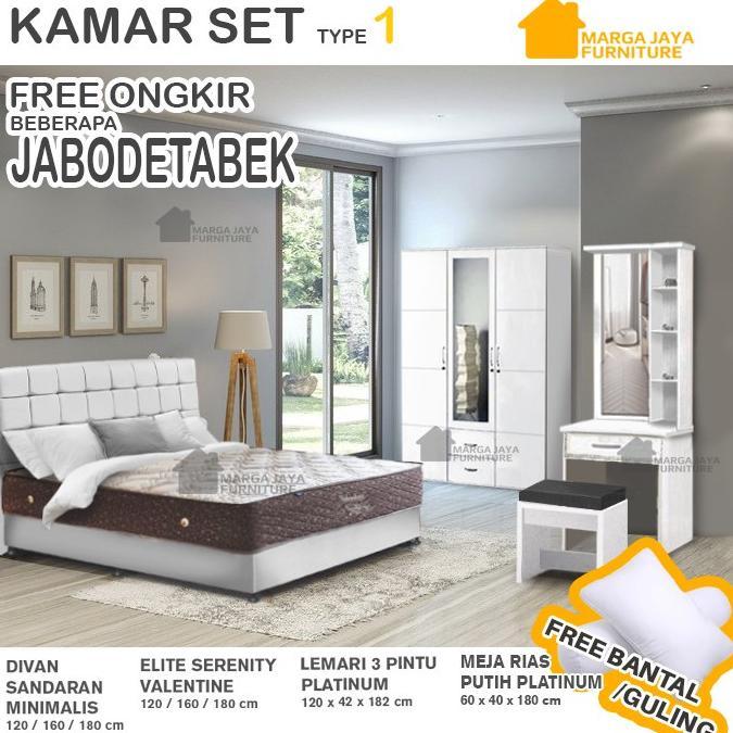 Kamar Set Elite Serenity Valentine + Lemari Pakaian 3 Pintu + Meja Rias Ranjang Minimalis + Divan Sa